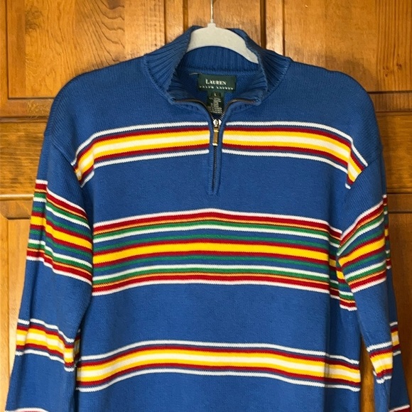 Lauren Ralph Lauren blue quarter zip collared sweater multicolored stripes - Picture 2 of 6